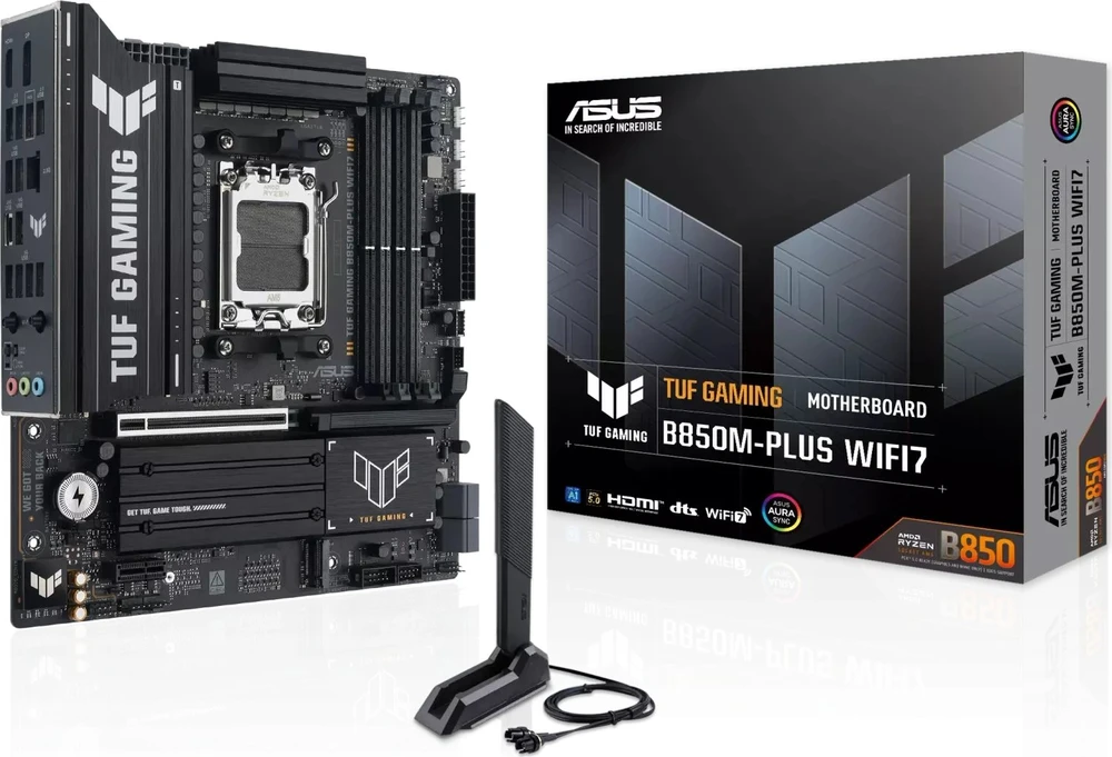 Pagrindinė plokštė „Asus TUF GAMING B850M-PLUS WIFI7“ | Procesorių šeima AMD | Procesoriaus lizdas AM5 | DDR5 | Palaikomos standžiojo disko sąsajos SATA, M.2 | SATA jungčių skaičius 4