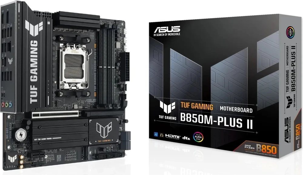 Pagrindinė plokštė „Asus TUF GAMING B850M-PLUS II“ | Procesorių šeima AMD | Procesoriaus lizdas AM5 | DDR5 | Palaikomos standžiojo disko sąsajos SATA, M.2 | SATA jungčių skaičius 4