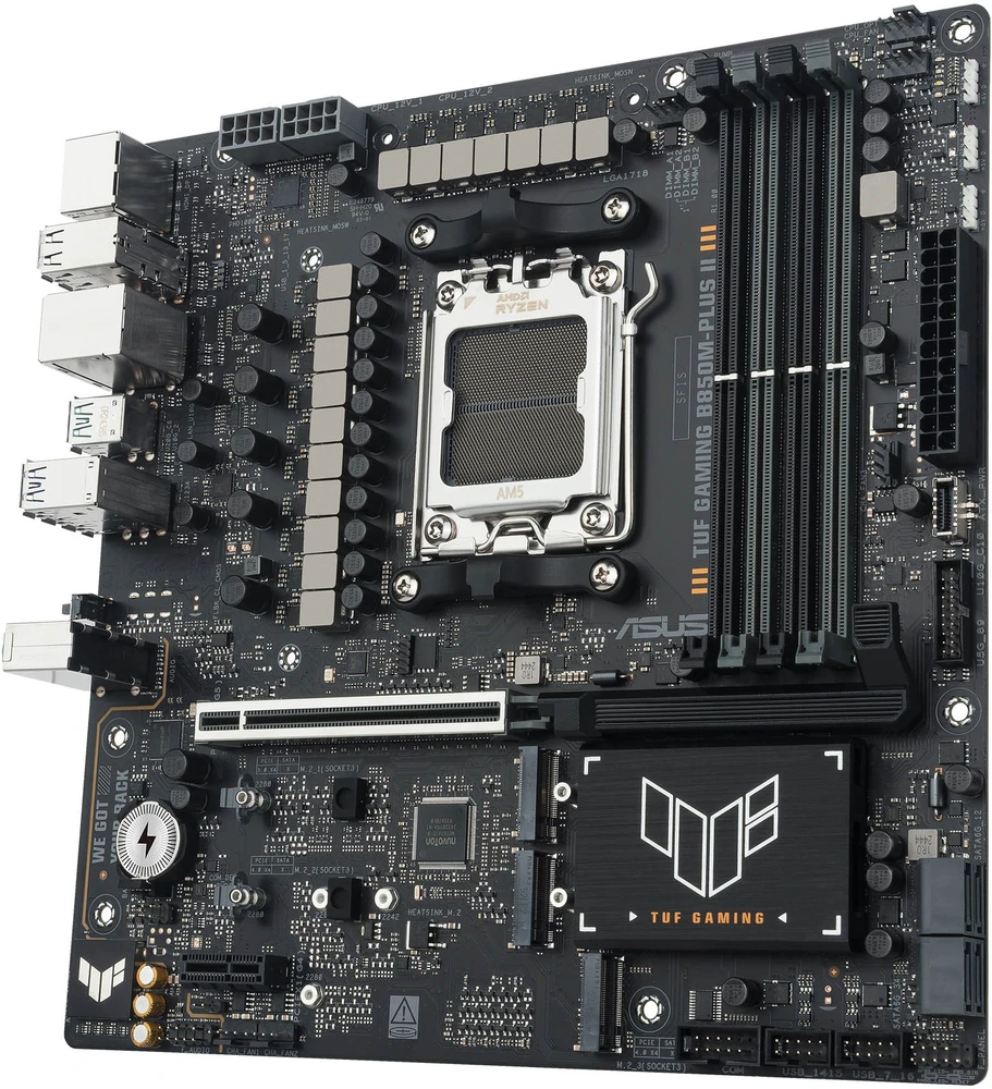 Pagrindinė plokštė „Asus TUF GAMING B850M-PLUS II“ | Procesorių šeima AMD | Procesoriaus lizdas AM5 | DDR5 | Palaikomos standžiojo disko sąsajos SATA, M.2 | SATA jungčių skaičius 4