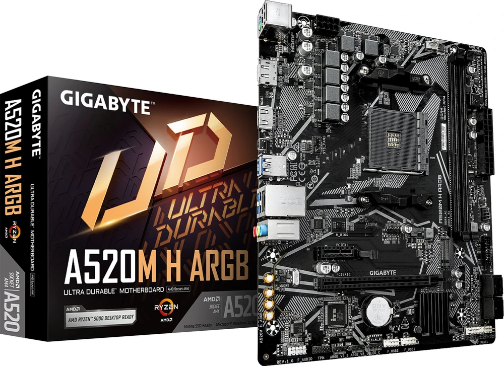 GIGABYTE A520M H ARGB pagrindinė plokštė AMD A520 AM4 lizdas „micro ATX“