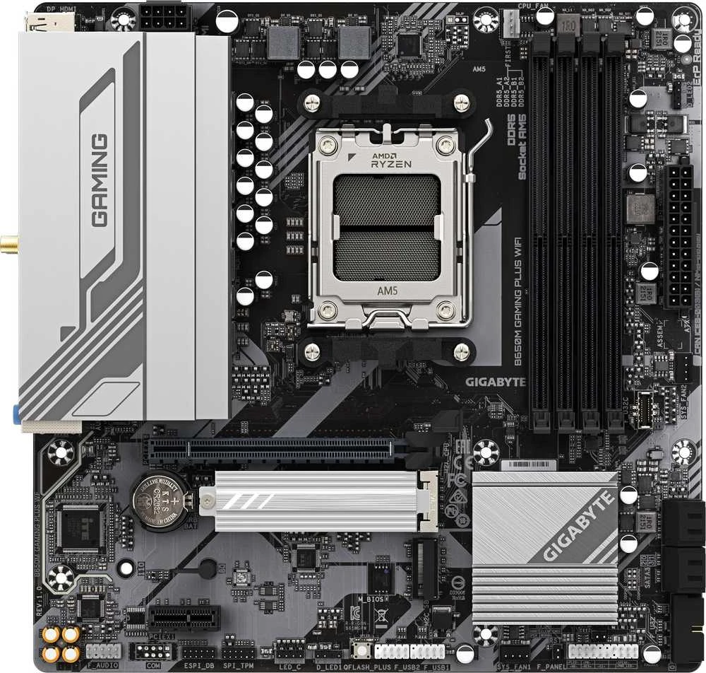 Pagrindinė plokštė Gigabyte B650M GAMING PLUS WF | Procesorių šeima AMD | Procesoriaus lizdas AM5 | DDR5 | Palaikomos standžiojo disko sąsajos M.2, SATA | SATA jungčių skaičius 4