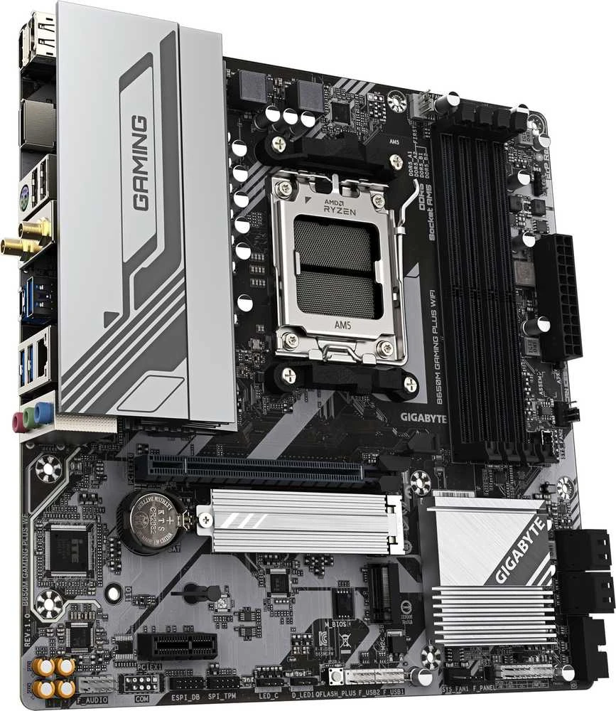 Pagrindinė plokštė Gigabyte B650M GAMING PLUS WF | Procesorių šeima AMD | Procesoriaus lizdas AM5 | DDR5 | Palaikomos standžiojo disko sąsajos M.2, SATA | SATA jungčių skaičius 4