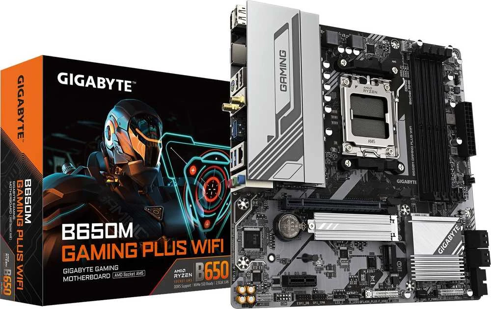 Pagrindinė plokštė Gigabyte B650M GAMING PLUS WF | Procesorių šeima AMD | Procesoriaus lizdas AM5 | DDR5 | Palaikomos standžiojo disko sąsajos M.2, SATA | SATA jungčių skaičius 4