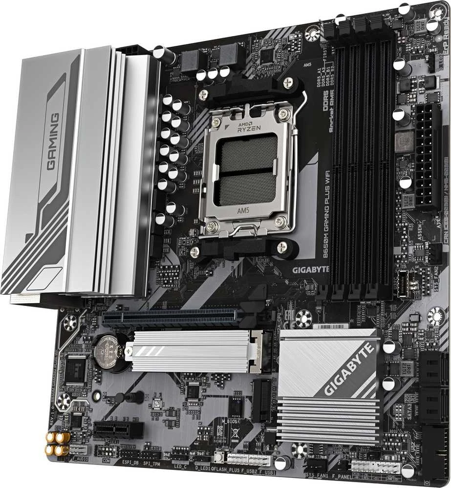 Pagrindinė plokštė Gigabyte B650M GAMING PLUS WF | Procesorių šeima AMD | Procesoriaus lizdas AM5 | DDR5 | Palaikomos standžiojo disko sąsajos M.2, SATA | SATA jungčių skaičius 4