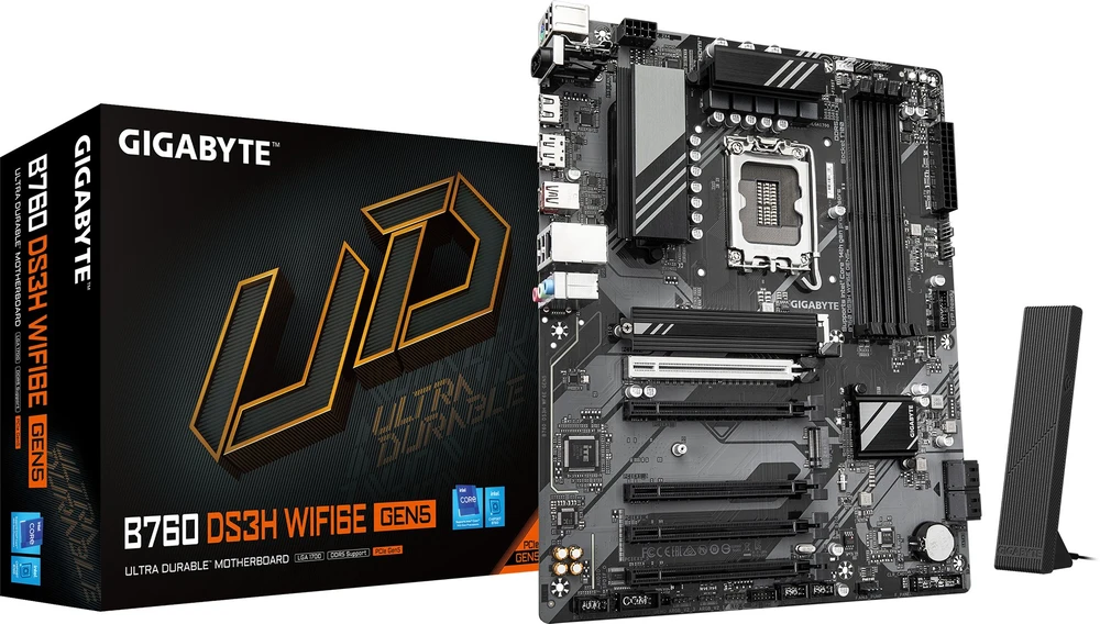 Pagrindinė plokštė „Gigabyte B760 DS3H WF6E GEN5“ | Procesorių šeima „Intel“ | Procesoriaus lizdas LGA1700 | DDR5 | Palaikomos standžiojo disko sąsajos M.2, SATA | SATA jungčių skaičius: 4