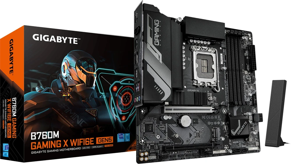 Pagrindinė plokštė „Gigabyte B760M GAMING X WIFI6E GEN5“ | Procesorių šeima „Intel“ | Procesoriaus lizdas LGA1700 | DDR5 | Palaikomos kietojo disko sąsajos SATA, M.2 | SATA jungčių skaičius: 4
