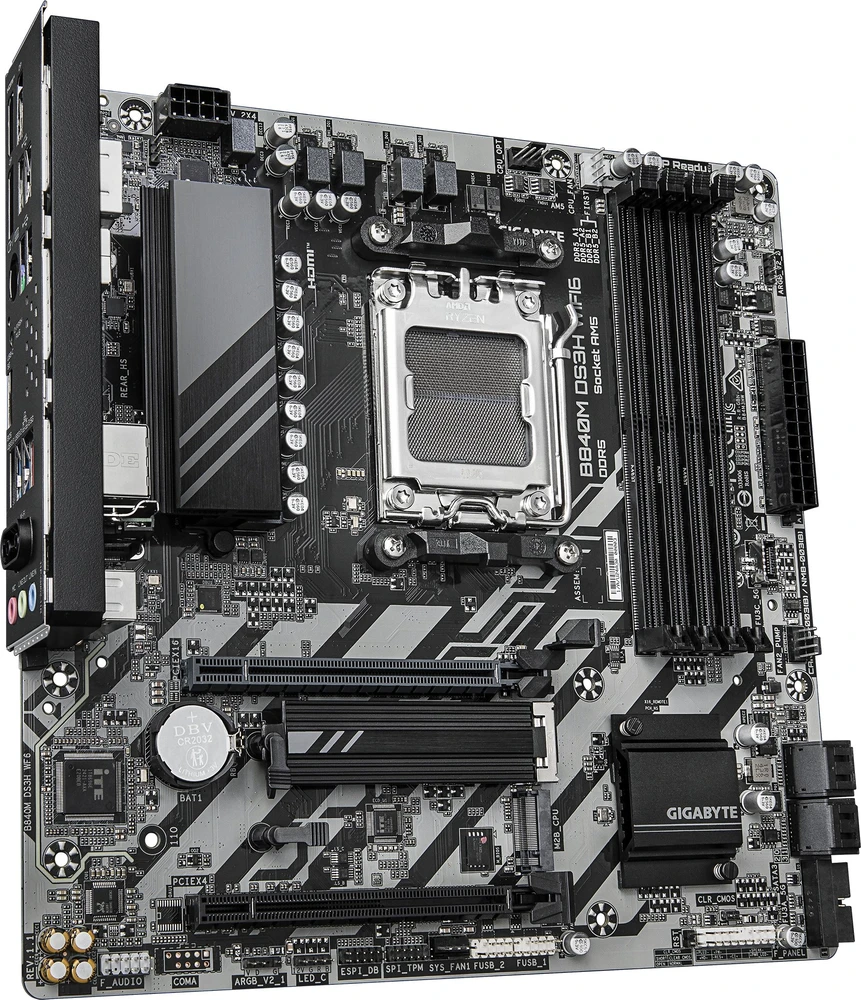 Pagrindinė plokštė „Gigabyte B840M DS3H WIFI6“ (1.1 rev.) | Procesorių šeima AMD | Procesoriaus lizdas AM5 | DDR5 | Palaikomos kietojo disko sąsajos SATA, M.2 | SATA jungčių skaičius 4