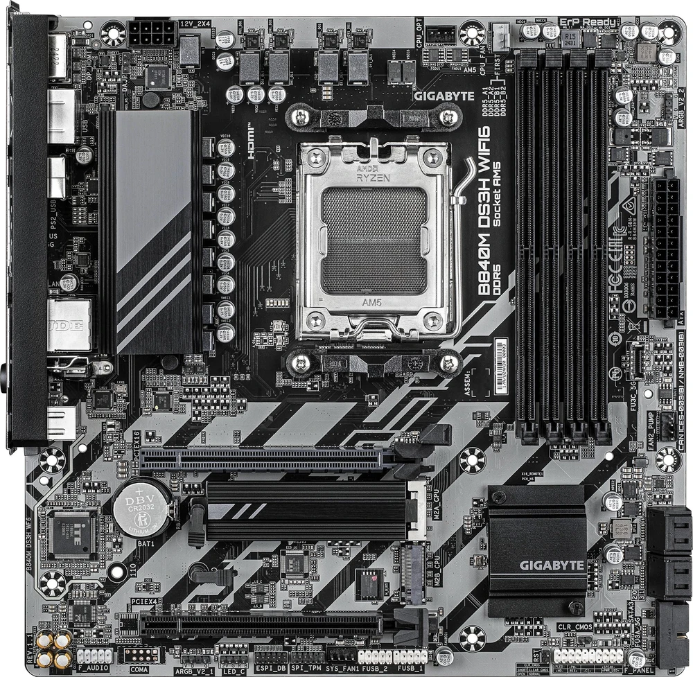Pagrindinė plokštė „Gigabyte B840M DS3H WIFI6“ (1.1 rev.) | Procesorių šeima AMD | Procesoriaus lizdas AM5 | DDR5 | Palaikomos kietojo disko sąsajos SATA, M.2 | SATA jungčių skaičius 4