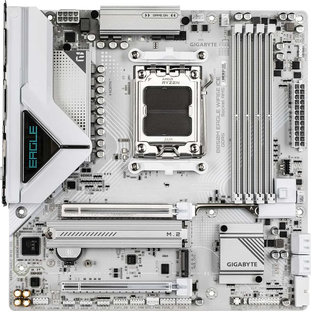 Pagrindinė plokštė „Gigabyte B850M EAGLE WF6E ICE“ | Procesorių šeima AMD | Procesoriaus lizdas AM5 | DDR5 | Palaikomos kietojo disko sąsajos SATA, M.2 | SATA jungčių skaičius 4