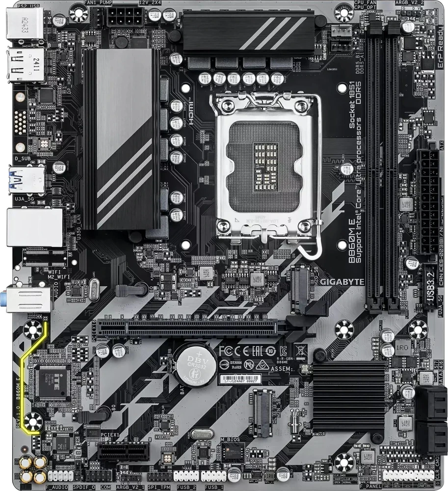 Pagrindinė plokštė „Gigabyte B860M E“ | Procesorių šeima „Intel“ | Procesoriaus lizdas LGA1851 | DDR5 | Palaikomos standžiojo disko sąsajos SATA, M.2 | SATA jungčių skaičius: 4