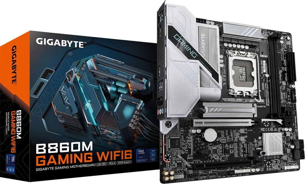 Pagrindinė plokštė Gigabyte B860M GAMING WIFI6 | Procesorių šeima Intel | Procesoriaus lizdas LGA1851 | DDR5 | Palaikomos standžiojo disko sąsajos M.2, SATA | SATA jungčių skaičius 4