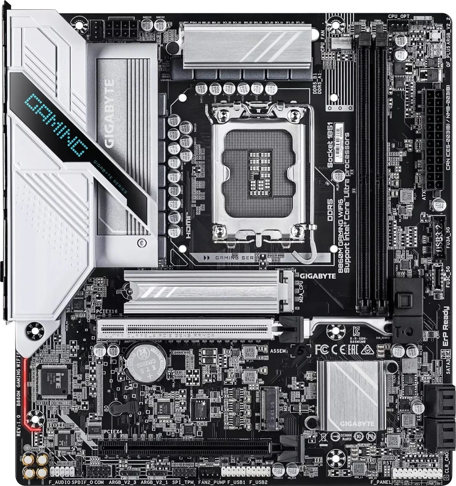 Pagrindinė plokštė Gigabyte B860M GAMING WIFI6 | Procesorių šeima Intel | Procesoriaus lizdas LGA1851 | DDR5 | Palaikomos standžiojo disko sąsajos M.2, SATA | SATA jungčių skaičius 4