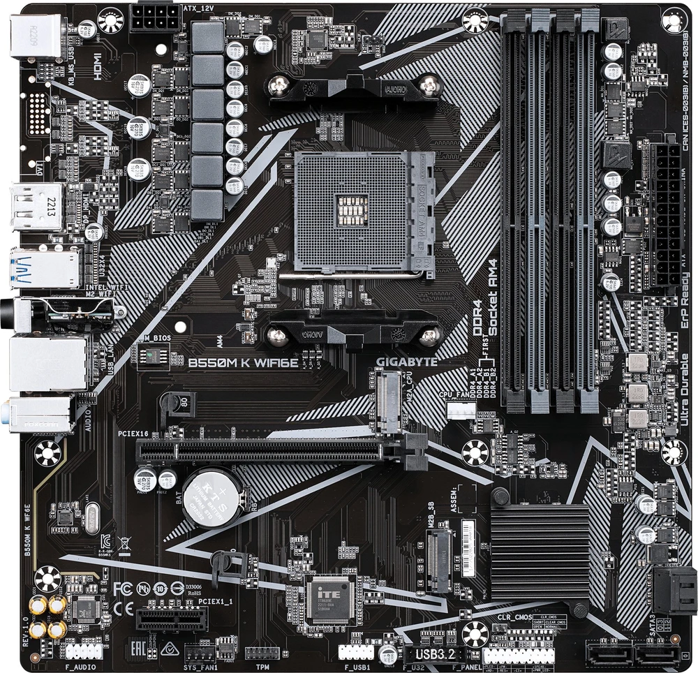 Pagrindinė plokštė „Gigabyte B550M K WIFI6E“ | Procesorių šeima AMD | Procesoriaus lizdas AM4 | DDR4 SDRAM | Palaikomos standžiojo disko sąsajos SATA, M.2 | SATA jungčių skaičius: 4