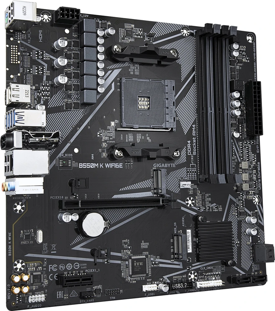 Pagrindinė plokštė „Gigabyte B550M K WIFI6E“ | Procesorių šeima AMD | Procesoriaus lizdas AM4 | DDR4 SDRAM | Palaikomos standžiojo disko sąsajos SATA, M.2 | SATA jungčių skaičius: 4