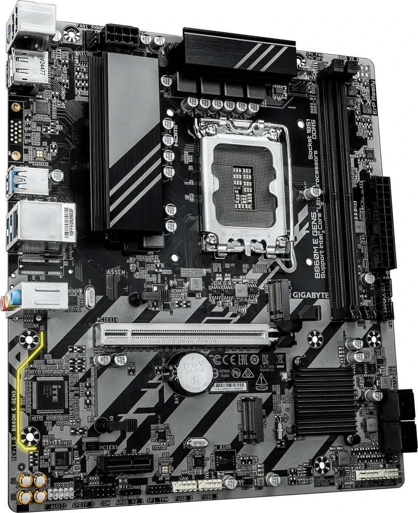 Pagrindinė plokštė „Gigabyte B860M E GEN5“ | Procesorių šeima „Intel“ | Procesoriaus lizdas LGA1851 | DDR5 | SATA jungčių skaičius: 4 | Palaikomos standžiojo disko sąsajos: SATA, M.2