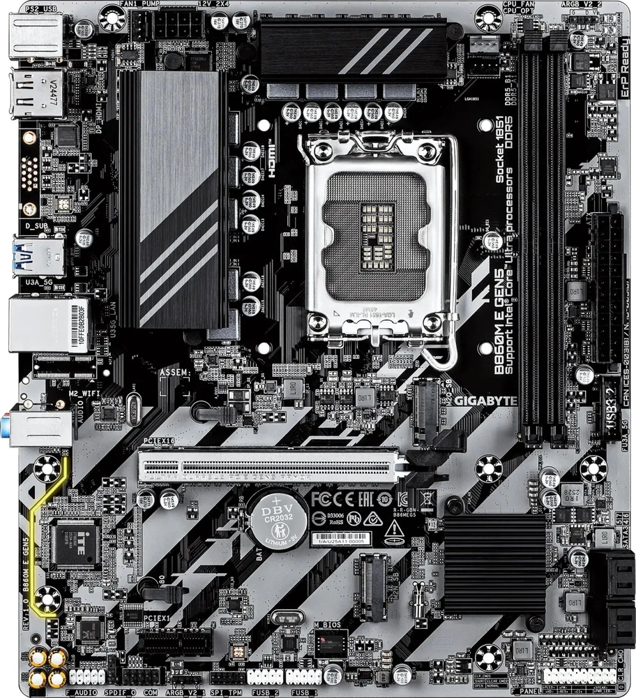 Pagrindinė plokštė „Gigabyte B860M E GEN5“ | Procesorių šeima „Intel“ | Procesoriaus lizdas LGA1851 | DDR5 | SATA jungčių skaičius: 4 | Palaikomos standžiojo disko sąsajos: SATA, M.2