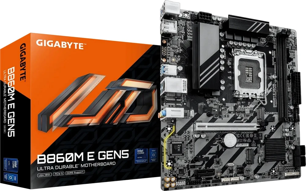 Pagrindinė plokštė „Gigabyte B860M E GEN5“ | Procesorių šeima „Intel“ | Procesoriaus lizdas LGA1851 | DDR5 | SATA jungčių skaičius: 4 | Palaikomos standžiojo disko sąsajos: SATA, M.2