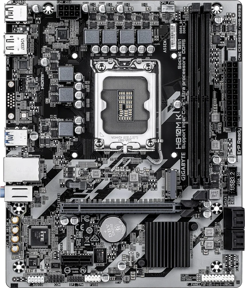 Pagrindinė plokštė „Gigabyte H810M K“ | Procesorių šeima „Intel“ | Procesoriaus lizdas LGA1851 | DDR5 | Palaikomos standžiojo disko sąsajos M.2, SATA | SATA jungčių skaičius: 4