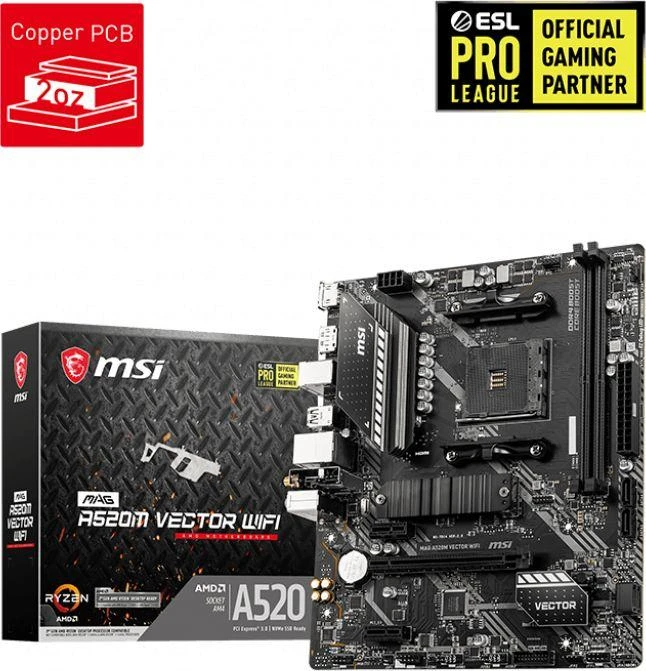 Pagrindinė plokštė MSI MAG A520M VECTOR WIFI AM4 DDR4 1xM.2 4xSATA HDMI DP M-ATX MB