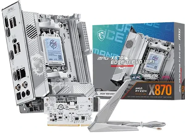 Pagrindinė plokštė MSI MPG X870I EDGE TI EVO WIFI | Procesorių šeima AMD | Procesoriaus lizdas AM5 | DDR5 | Palaikomos standžiojo disko sąsajos SATA, M.2 | SATA jungčių skaičius 2