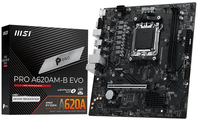 Pagrindinė plokštė MSI PRO A620AM-B EVO | Procesorių šeima AMD | Procesoriaus lizdas AM5 | DDR5 | Palaikomos standžiojo disko sąsajos SATA, M.2 | SATA jungčių skaičius 2
