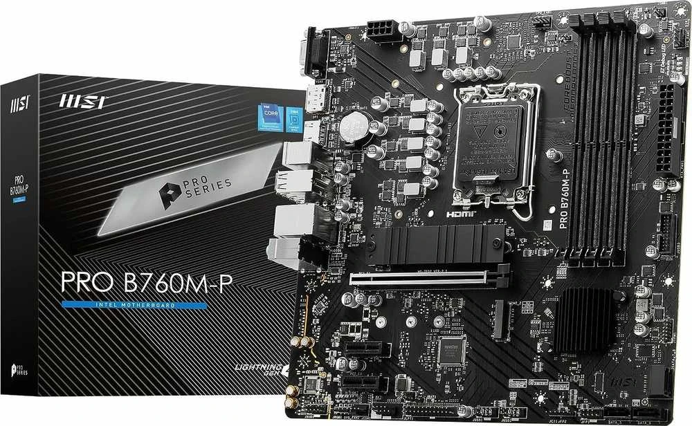 Pagrindinė plokštė MSI | PRO B760M-P | Procesorių šeima Intel | Procesoriaus lizdas LGA1700 | DDR5 DIMM | Atminties lizdai 4 | Palaikomos standžiojo disko sąsajos SATA, M.2 | SATA jungčių skaičius 4 | Mikroschemų rinkinys Intel B760 | mATX