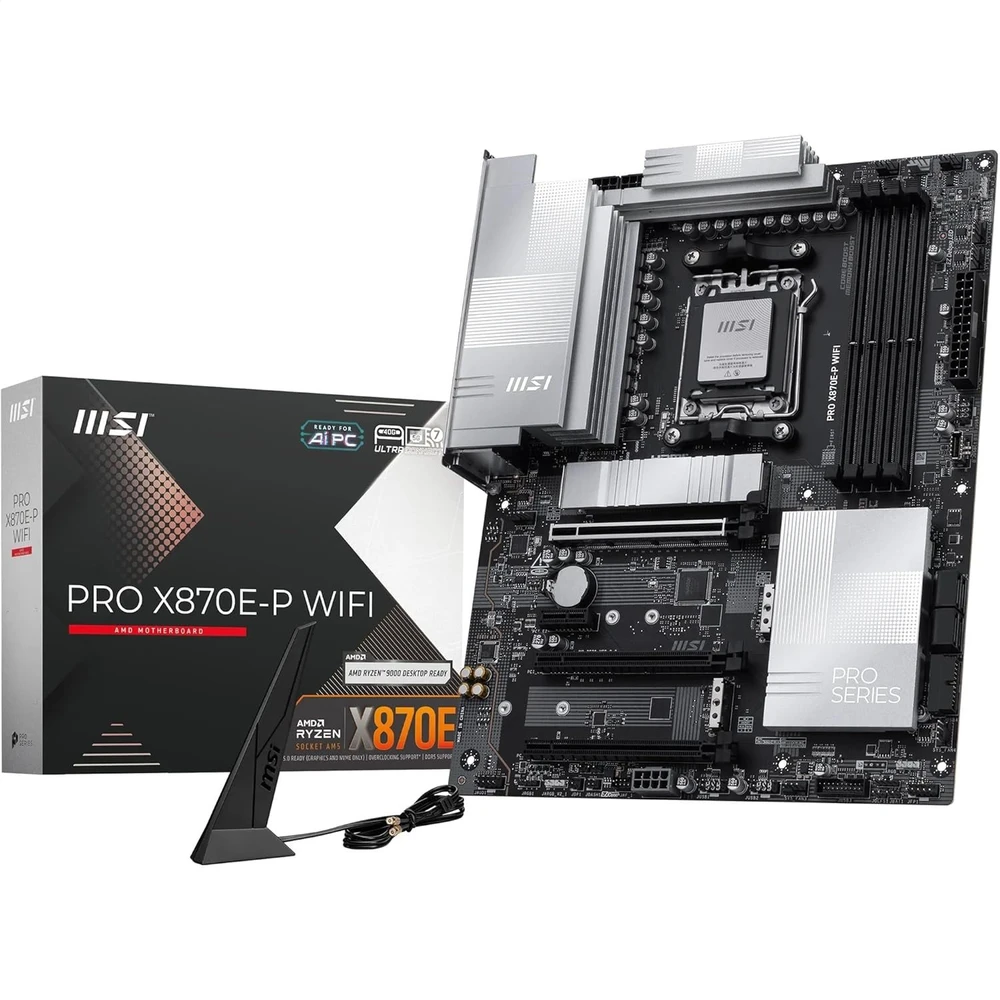 Pagrindinė plokštė MSI PRO X870E-P WIFI | Procesorių šeima AMD | Procesoriaus lizdas AM5 | DDR5 UDIMM | Palaikomos standžiojo disko sąsajos SATA, M.2 | SATA jungčių skaičius 4