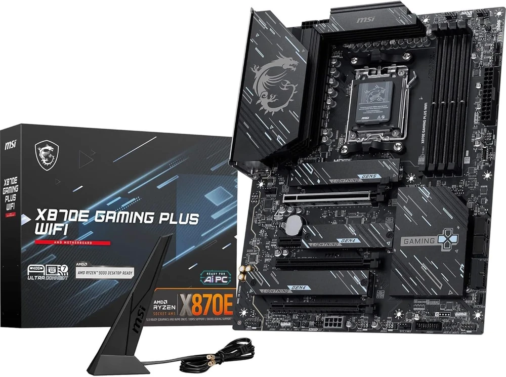 Pagrindinė plokštė MSI X870E GAMING PLUS WIFI | Procesorių šeima AMD | Procesoriaus lizdas AM5 | DDR5 UDIMM | Palaikomos standžiojo disko sąsajos SATA, M.2 | SATA jungčių skaičius 4