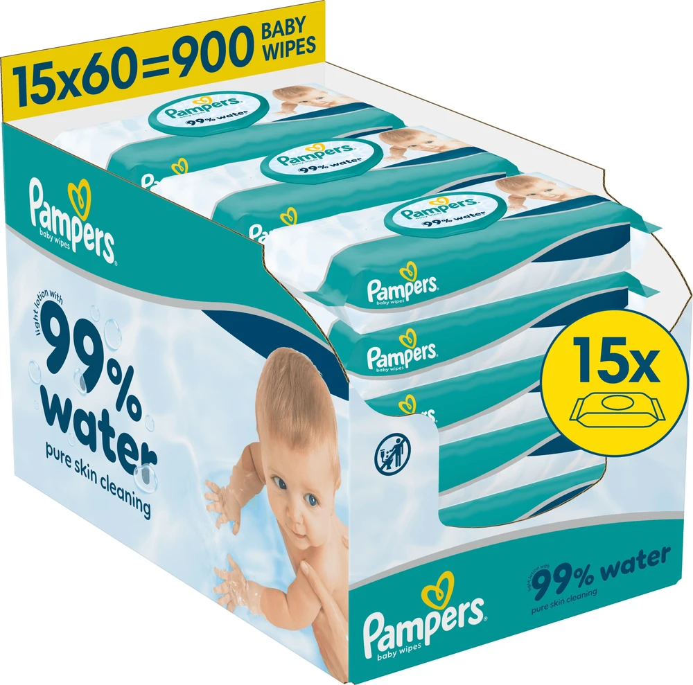 Pampers Aqua Servetėlės Kūdikiams, 15 Pakuotė, 900 Servetėlės