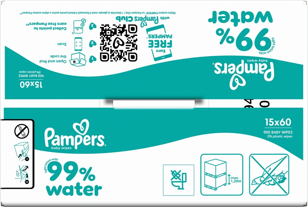 Pampers Aqua Servetėlės Kūdikiams, 15 Pakuotė, 900 Servetėlės