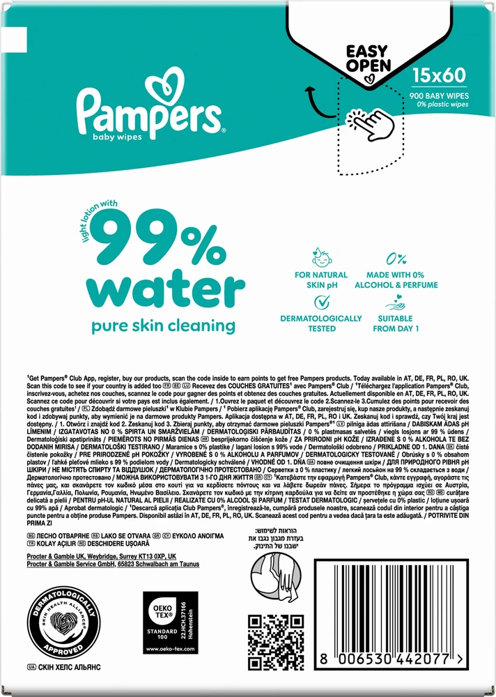 Pampers Aqua Servetėlės Kūdikiams, 15 Pakuotė, 900 Servetėlės