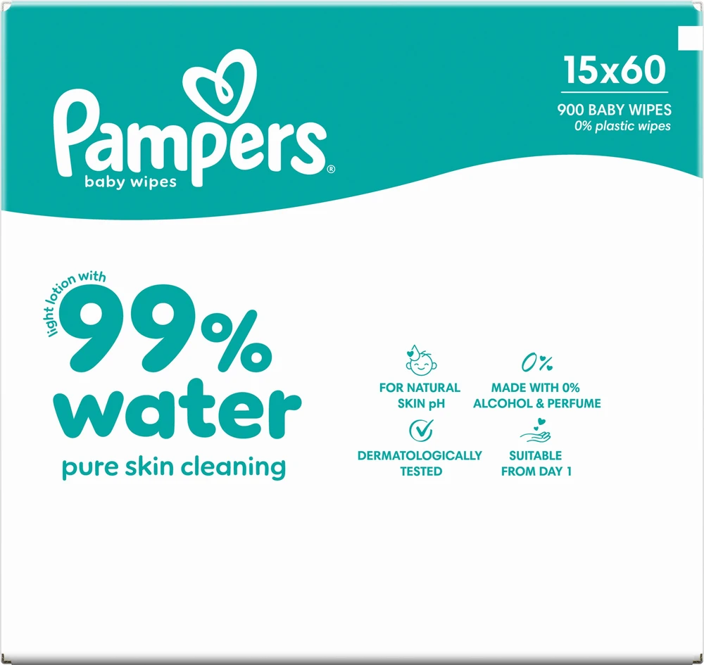 Pampers Aqua Servetėlės Kūdikiams, 15 Pakuotė, 900 Servetėlės