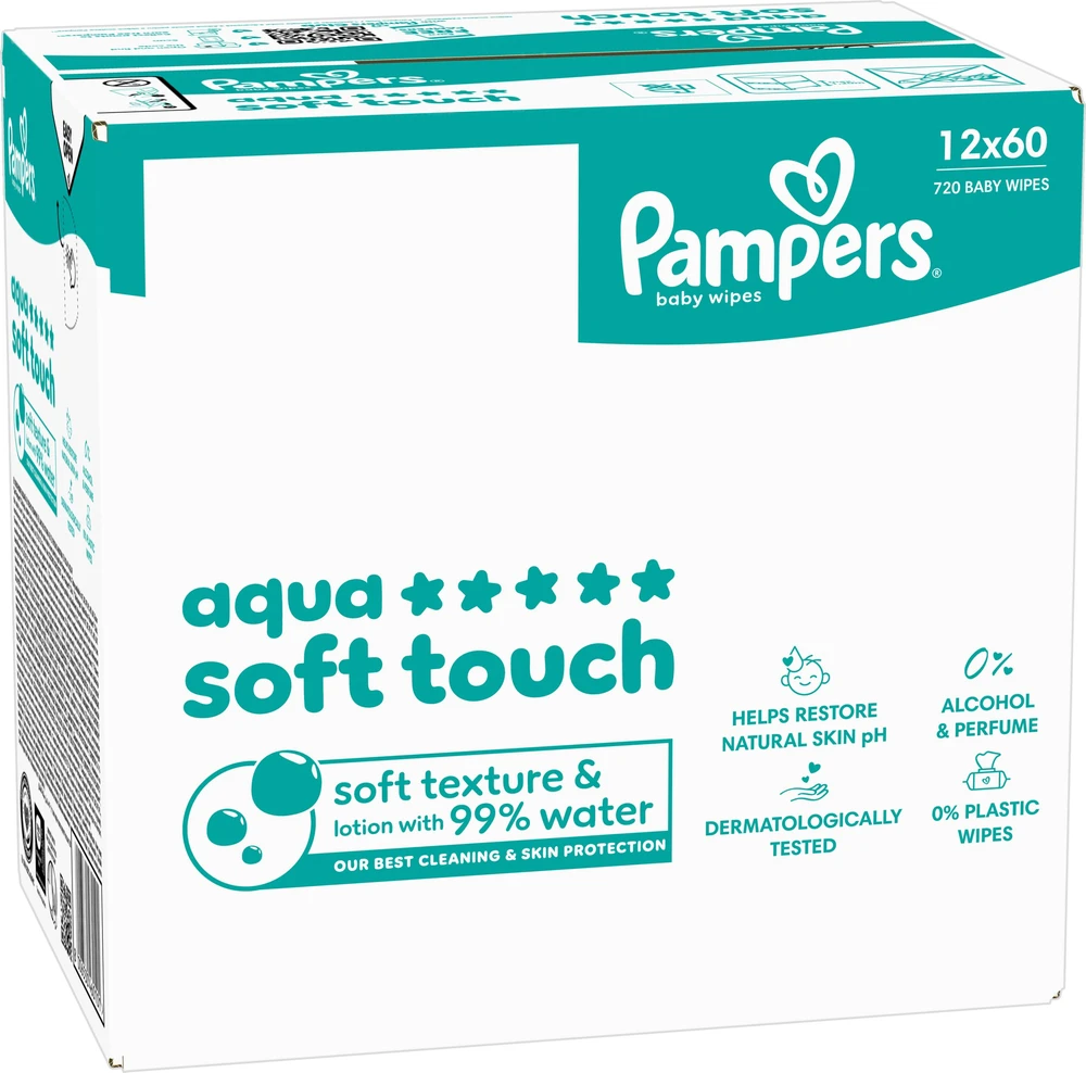Pampers Aqua Soft Touch Servetėlės Kūdikiams, 12 Pakuotė, 720 Servetėlės