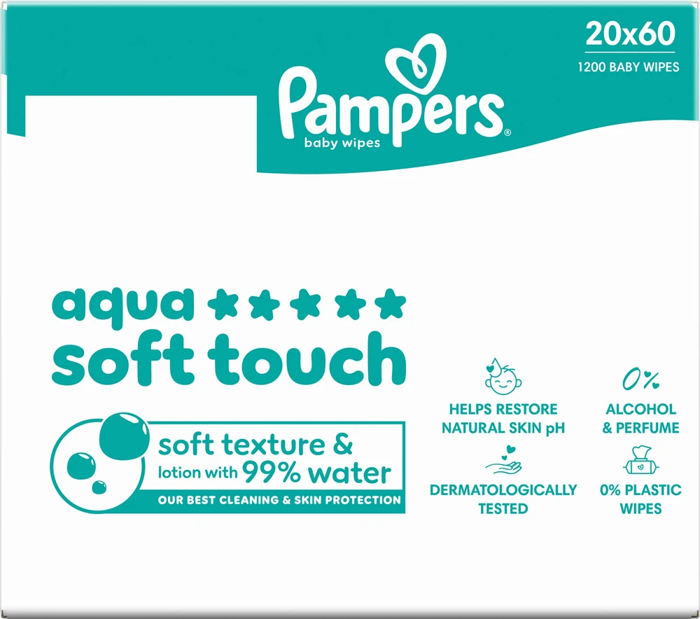 Pampers Aqua Soft Touch Servetėlės Kūdikiams, 20 Pakuotė, 1200 Servetėlės