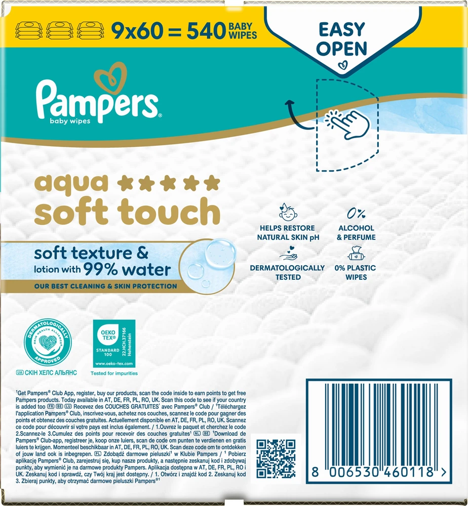 Pampers Aqua Soft Touch Servetėlės Kūdikiams, 9 Pakuotė, 540 Servetėlės