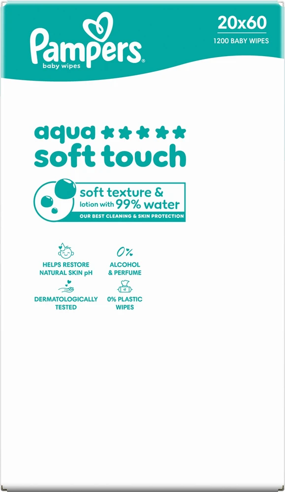 Pampers Aqua Soft Touch Servetėlės Kūdikiams, 20 Pakuotė, 1200 Servetėlės