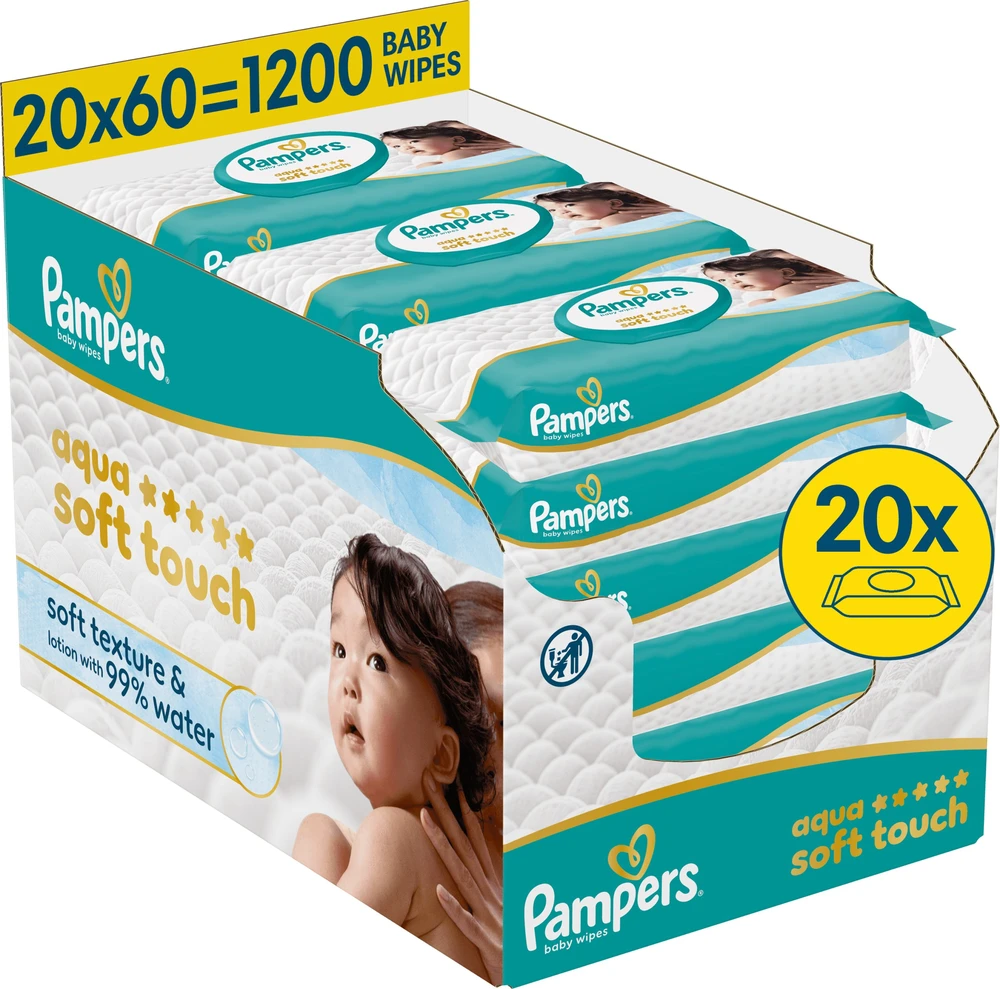 Pampers Aqua Soft Touch Servetėlės Kūdikiams, 20 Pakuotė, 1200 Servetėlės