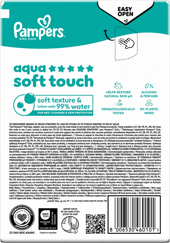 Pampers Aqua Soft Touch Servetėlės Kūdikiams, 12 Pakuotė, 720 Servetėlės