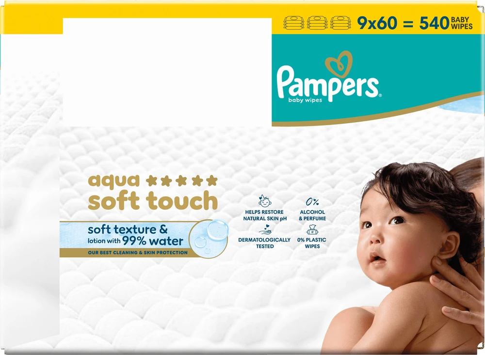 Pampers Aqua Soft Touch Servetėlės Kūdikiams, 9 Pakuotė, 540 Servetėlės