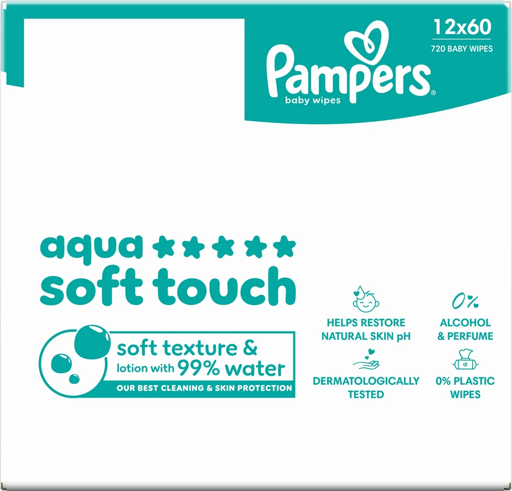 Pampers Aqua Soft Touch Servetėlės Kūdikiams, 12 Pakuotė, 720 Servetėlės