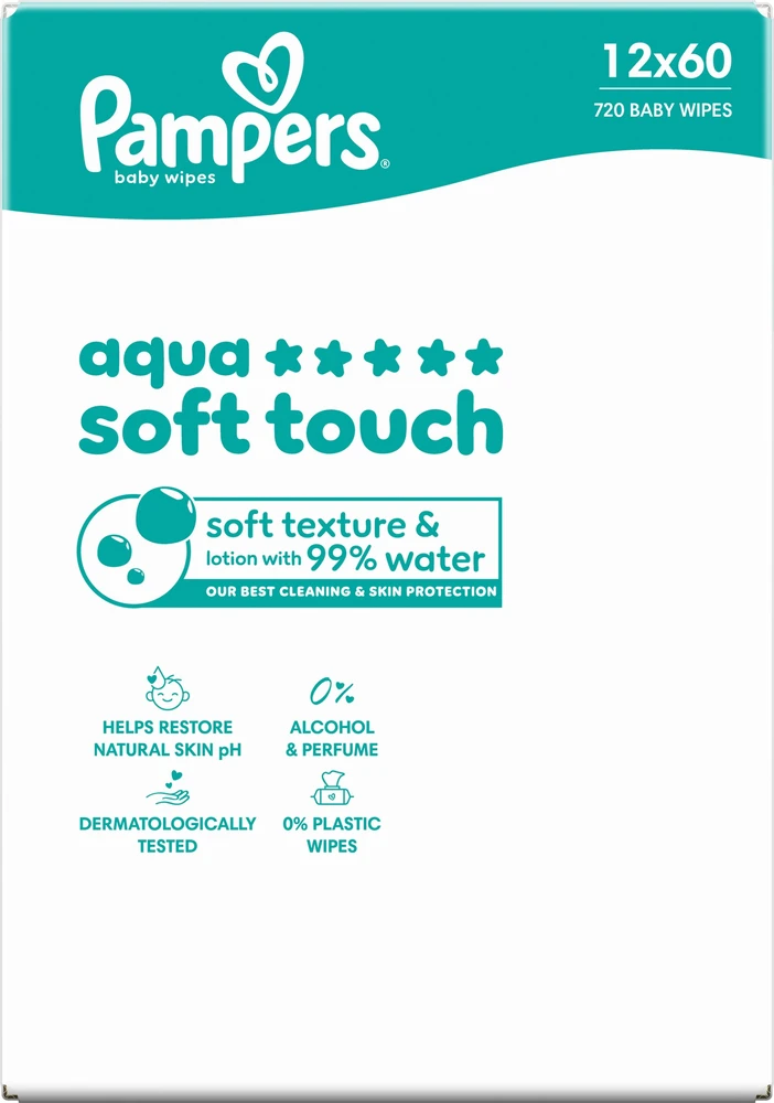 Pampers Aqua Soft Touch Servetėlės Kūdikiams, 12 Pakuotė, 720 Servetėlės