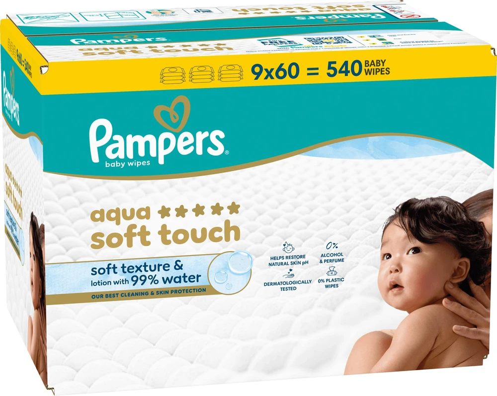 Pampers Aqua Soft Touch Servetėlės Kūdikiams, 9 Pakuotė, 540 Servetėlės