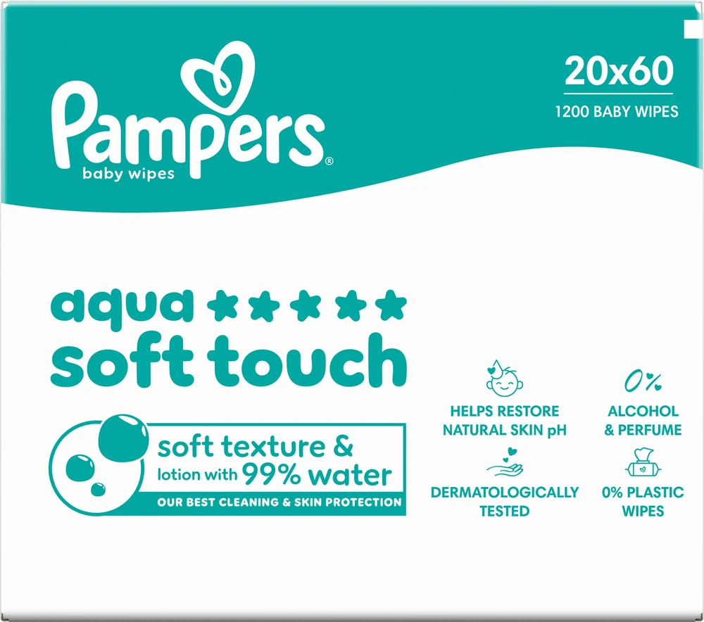 Pampers Aqua Soft Touch Servetėlės Kūdikiams, 20 Pakuotė, 1200 Servetėlės
