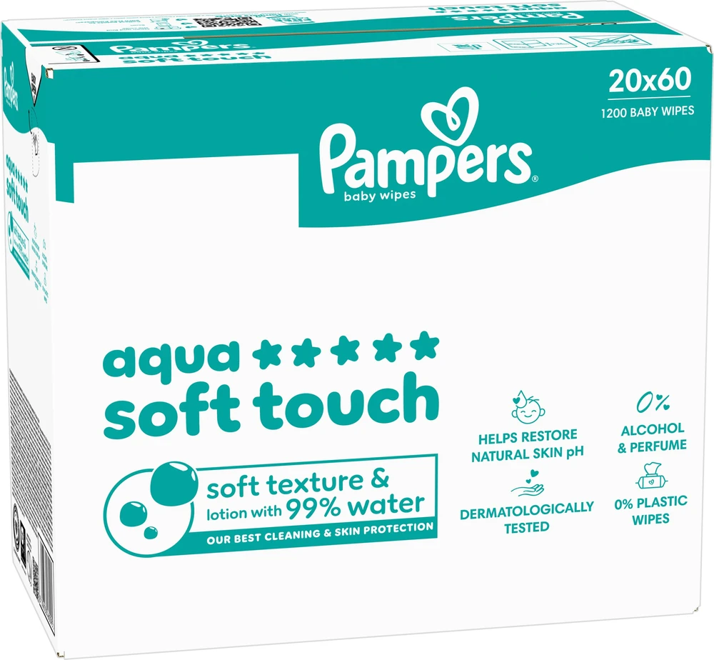 Pampers Aqua Soft Touch Servetėlės Kūdikiams, 20 Pakuotė, 1200 Servetėlės