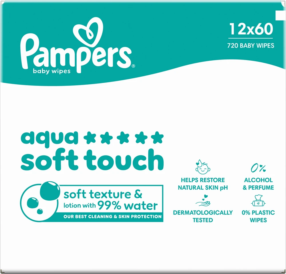 Pampers Aqua Soft Touch Servetėlės Kūdikiams, 12 Pakuotė, 720 Servetėlės