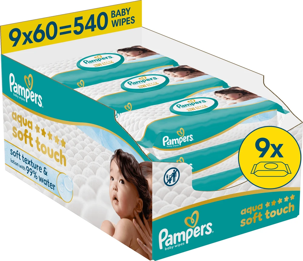 Pampers Aqua Soft Touch Servetėlės Kūdikiams, 9 Pakuotė, 540 Servetėlės