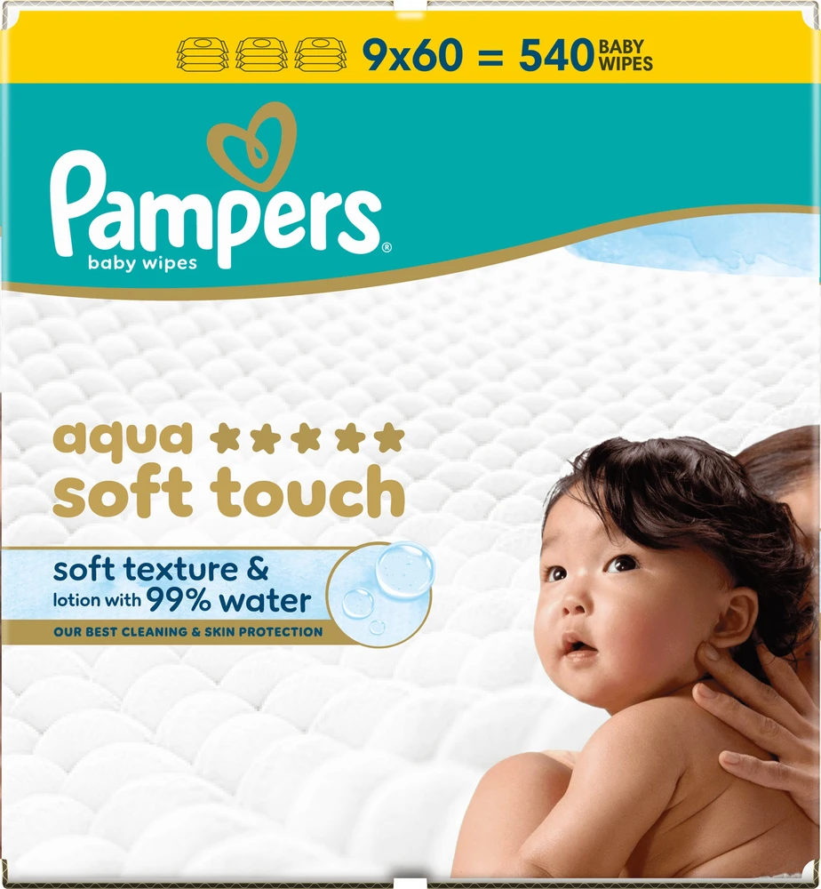 Pampers Aqua Soft Touch Servetėlės Kūdikiams, 9 Pakuotė, 540 Servetėlės