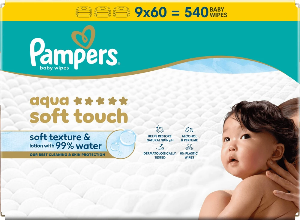 Pampers Aqua Soft Touch Servetėlės Kūdikiams, 9 Pakuotė, 540 Servetėlės