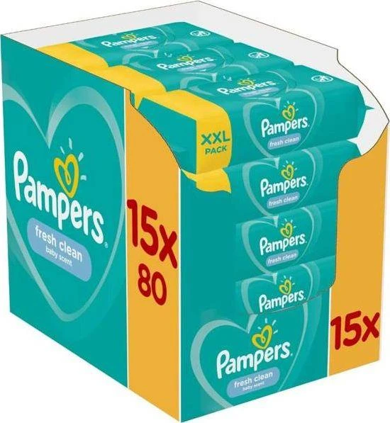 Drėgnos servetėlės Pampers Fresh Clean, 15 pak. x 80 vnt., 1200 servetėlių