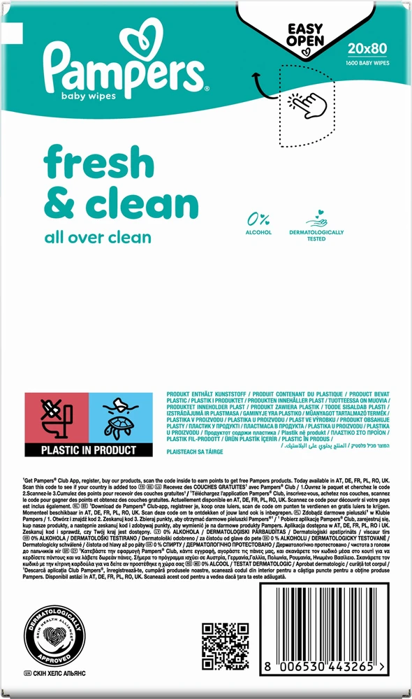 Pampers Šlapios servetėlės Fresh Clean 20 vnt. 80 servetėlių = 1600 vnt.